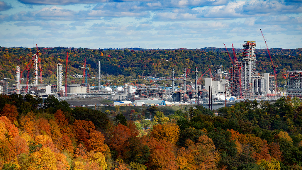 The Falcon pipeline plant, Pennsylvania in the middle of the autumnal trees landscape. (photo)