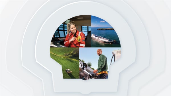 Collage of four photos in the middle of the Shell logo. The photos show a shell employee in workwear in a control center, a large ship, a tractor working a field an a person charging an EV
