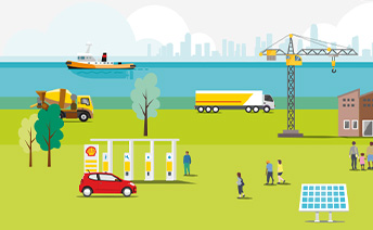 An illustration of a ship, a mixer truck, a truck, a crane, petrol pumps and a car, a house, a solar panel and people