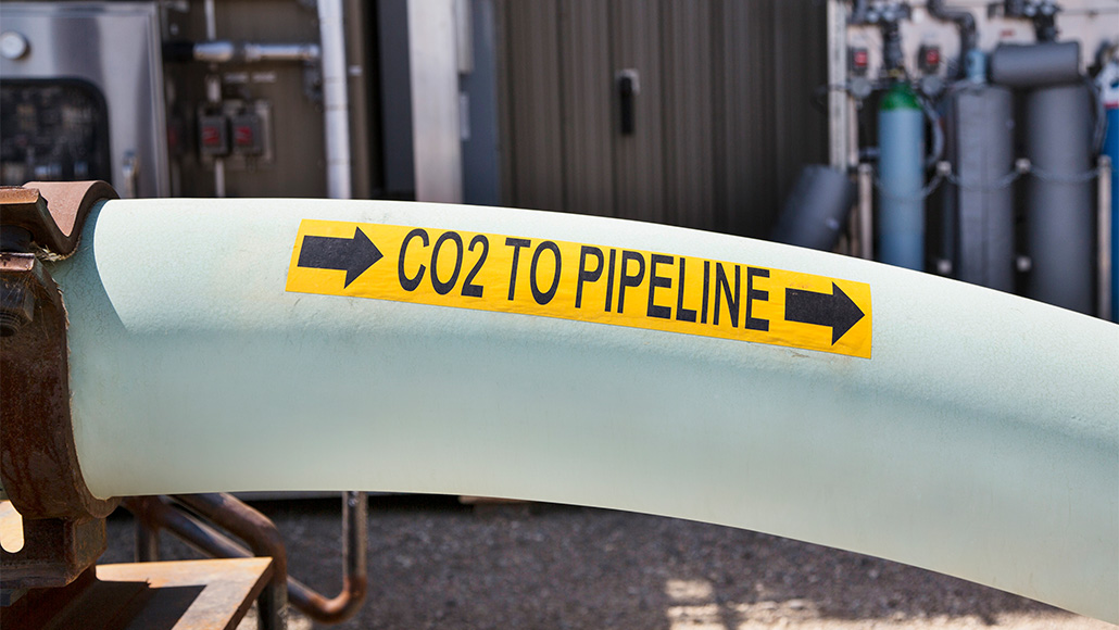 pipe labelled CO2 to pipeline at a Carbon Capture and storage facility
