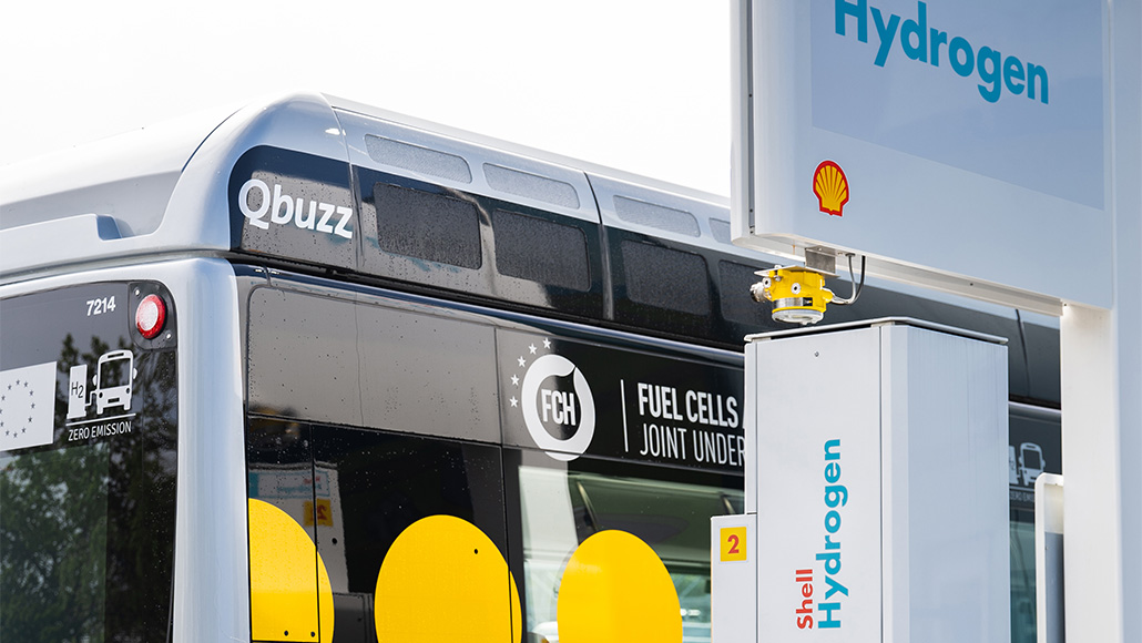 Hydrogen fuelled bus refuelling at a Shell Hydrogen pump