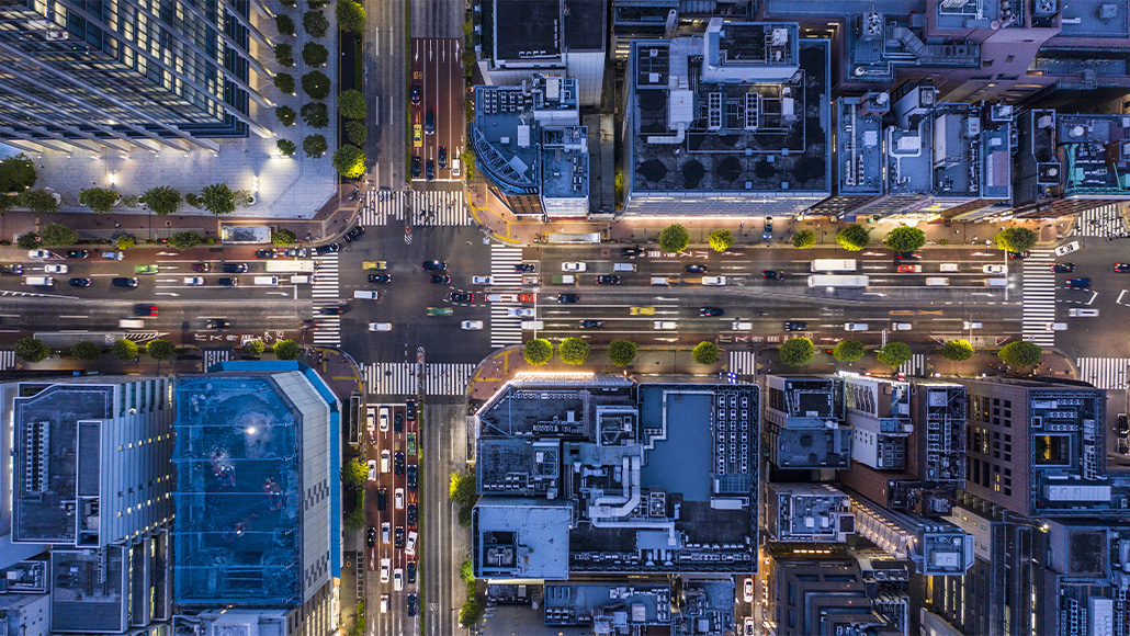 Aerial view of skyscrapers and road intersection