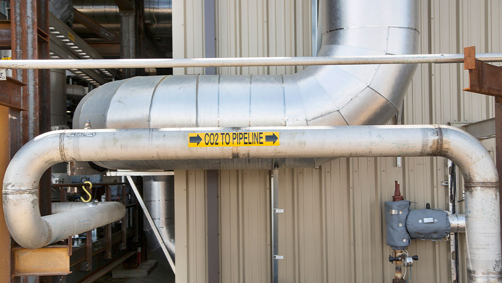 CO2 to pipeline label seen on pipes at Quest Carbon Capture and Storage facility (photo)