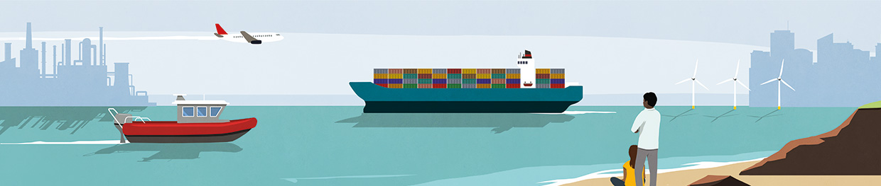 Illustration with a container ship, windmills, plane and two spectators on shore.