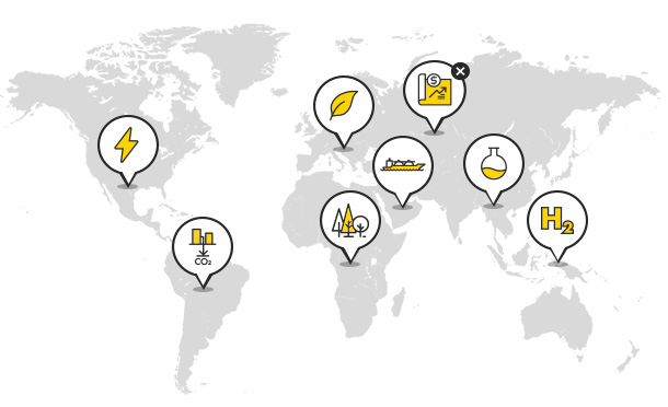illustrated map of the world showing where Shell has Energy Transition projects in place