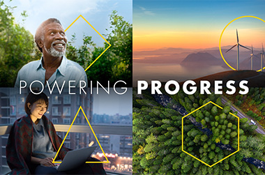 The Powering Progress photo collage visualizes the Shell Powering Progress strategy and the four pillars of generating shareholder value, powering lives, repsecting nature and our journey to achieving net zero emissions
