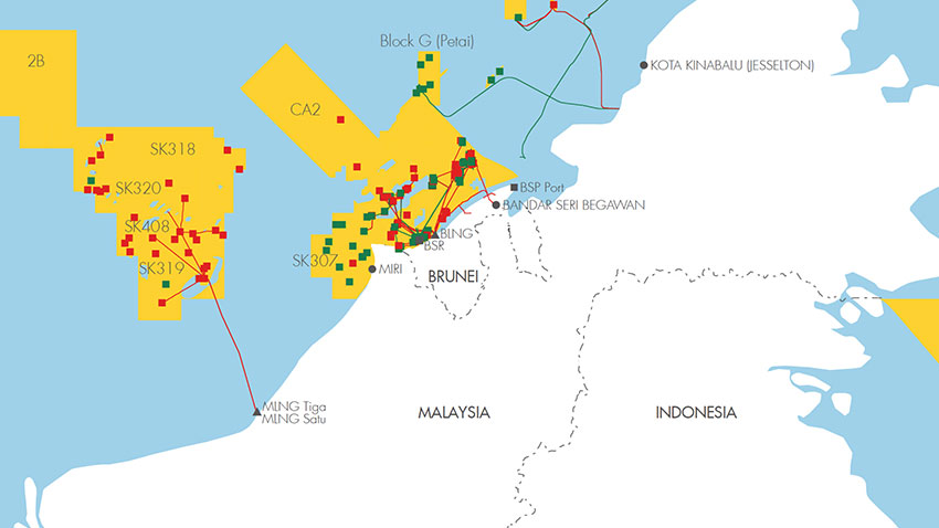 Map showing facilities, oil and gas fields and pipelines and concession licences in Asia (map)