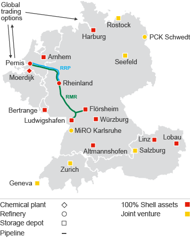 Rhine Envelope: Chemical plants, Refineries, Storage depots and Pipelines in the Rhine envelope, either 100% Shell assets or Joint ventures (map)