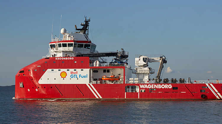 Offshore maintenance ship Kroonborg powered by cleaner burning Shell GTL Fuel Marine, Den Helder, Netherlands. (photo)