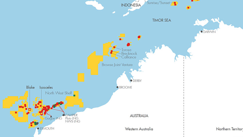 Map showing facilities, oil and gas fields and pipelines and concession licences in Oceania (map)