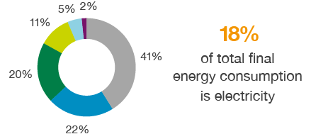 Electricity generation: Coal 41%; Gas 22%; Renewables (including hydro) 20%; Nuclear 11%; Oil 5%; Biomass 2% – 18% of total final energy consumption is electricity (pie chart)