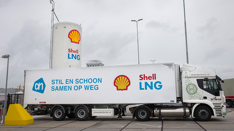 LNG delivery truck at LNG refueling station at the premises of one of the largest Dutch supermarket chains (photo)
