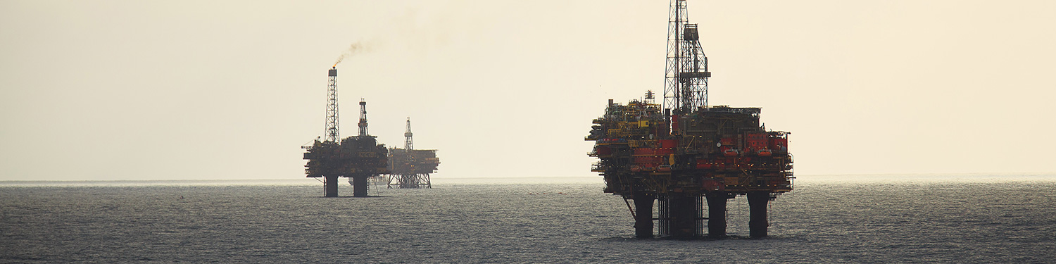 The Brent oil and gas field production platforms in the North Sea, UK (photo)