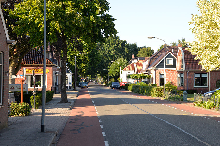 View of a road with houses alongside in the Groningen area. (photo)