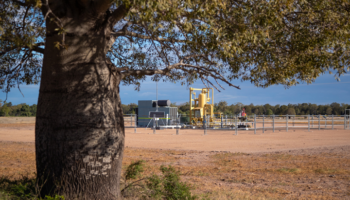 Boab tree with QGC’s natural gas well site, Australia (photo)