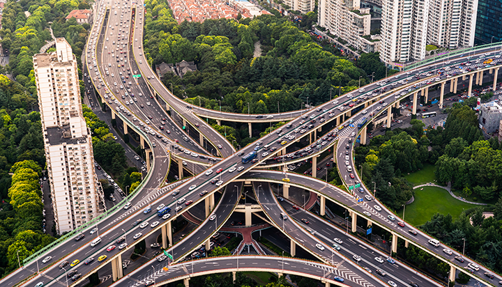 Aerial view of a busy road intersection in Shanghai, China. (photo)