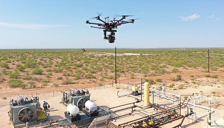 A methane detection drone hovering over a facility in the Permian Basin, USA. (photo)