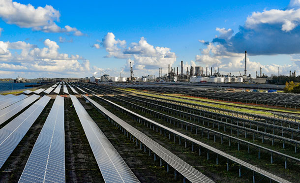 Solar panels field in front of Moerdijk refinery in The Netherlands (photo)