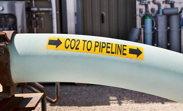 Pipeline labelled CO2 to pipeline at a carbon capture facility (photo)