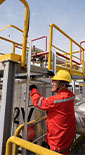 Shell employee inPPE climbing ladder at gas facility (photo)