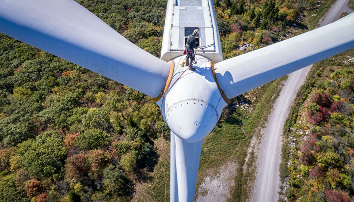 A maintenance officer on a wind turbine at Mount Storm, West Virginia, USA (photo)