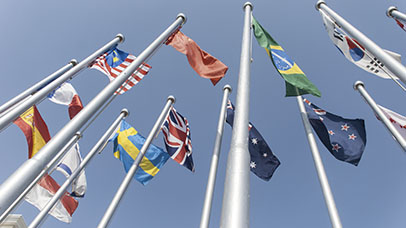 Several flags of countries and locations on flagpoles (photo)