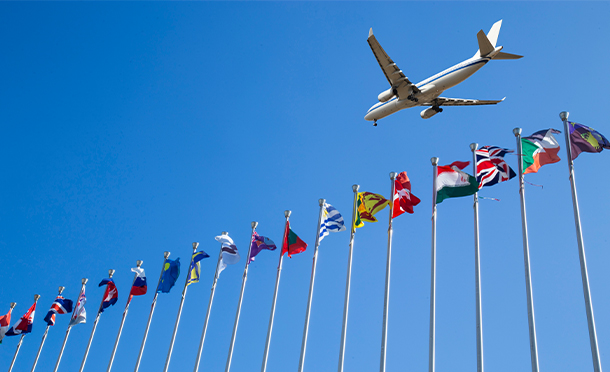 A plane is flying over a row of country flags. (photo)