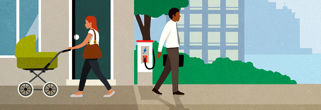 Illustration of a city street scene with a woman walking with a pram, a man with a briefcase and a EV charger (illustration)
